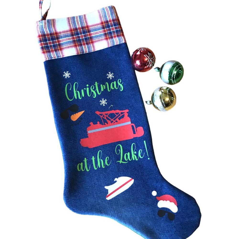 Denim Christmas Stocking Lake House Christmas Decor Pontoon Boating Fishing